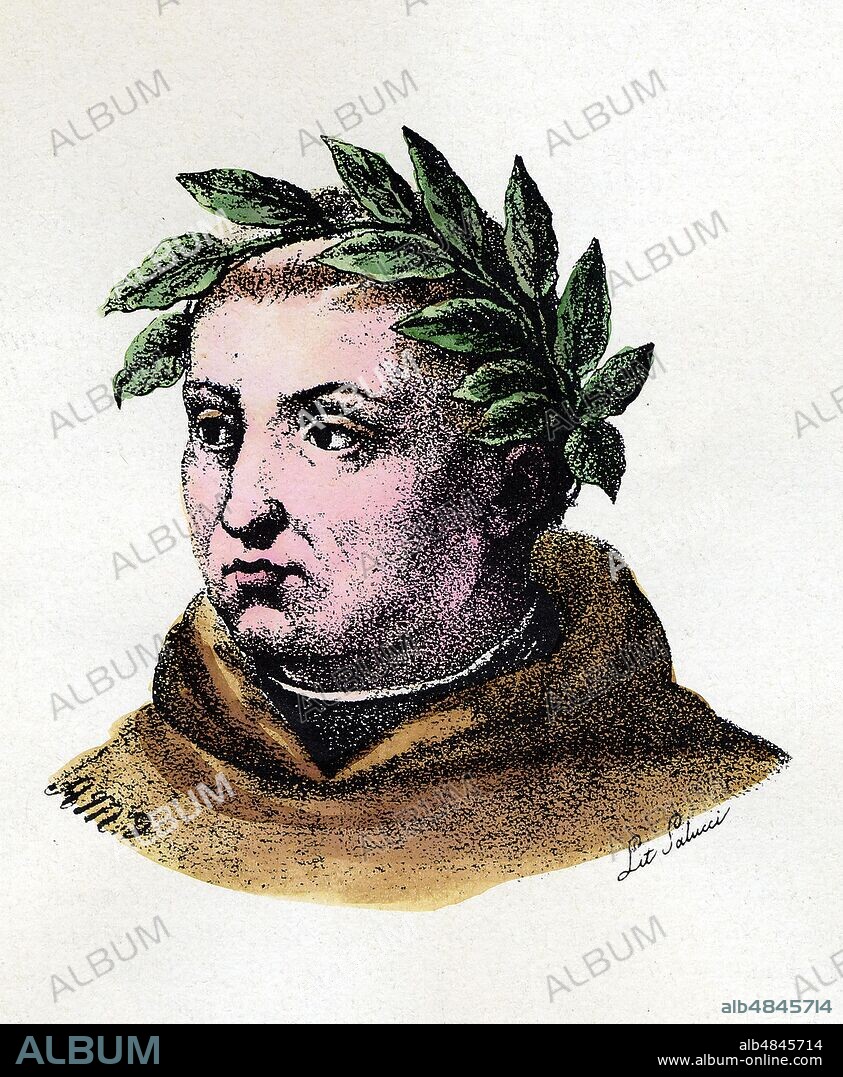 FRA GUITTONE D'AREZZO (1230 - 1294) crowned with laurels; Italian poet and religious of the Order of Friars of the Blessed Glorious Virgin Mary (Frati Gaudenti). Portrait with a dry colored tip, signed AMD. Lithograph Salucci, Italy sd.