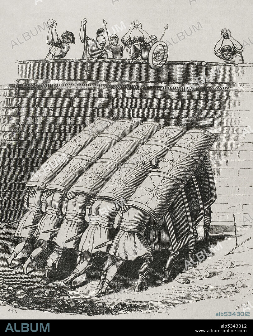 TOMÁS CARLOS CAPUZ (1834-1899). SPANISH ENGRAVER AND XYLOGRAPH. Imperio Romano. Legiones romanas en formación en testudo o tortuga. Grabado por Capuz. Historia General de España por el padre Mariana. Madrid, 1852.