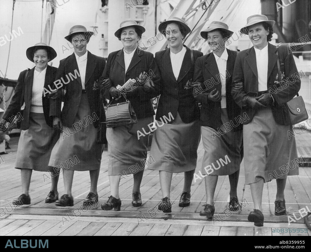Australian Women's Cricket Team Arrive -- Six Members of the Sixteen -Strong Australian Women's Cricket Team are Pictured here on the deck of the Mooltan at Tilbury May 13 on their Arrival. They are. Left to Right. V. Batty, Victoria: Norma Whitean; Mrs. Miller (Manger); Mollie Dive (Captain) New South Wales; June James, Western Australia and Betty Wilson, Victoria.They are Dressed in their Uniform of gray gored Skirt, white Blouse, grey Bush hat and Blazer. They are to play three test matches against an English women's Eleven plus about 17 other matches. October 19, 1951. (Photo by The Associated Press Ltd.).