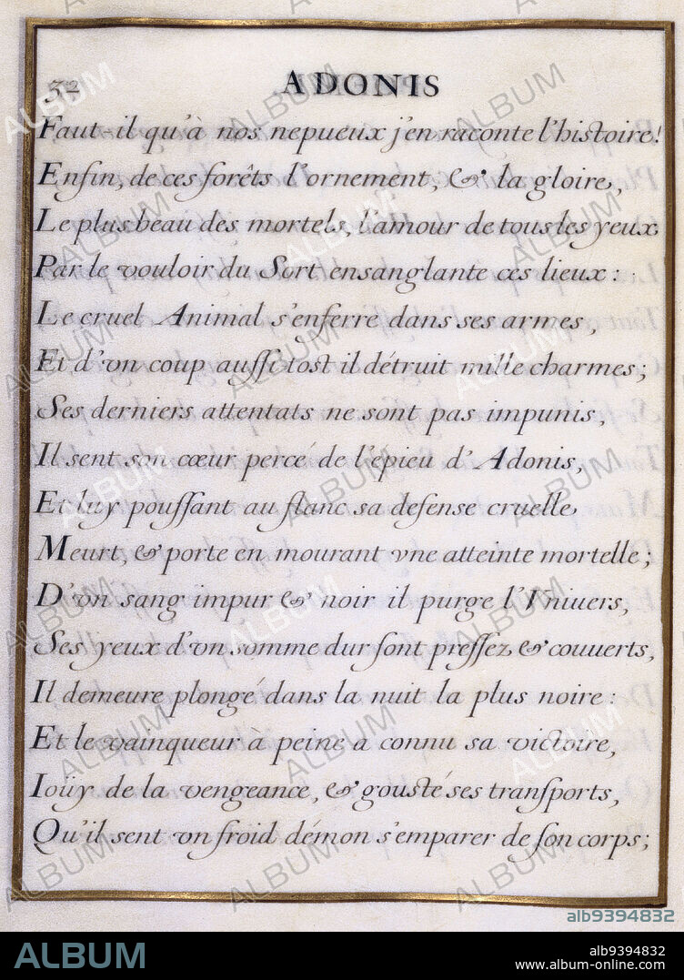 Adonis, La Fontaine, Jean de, Man or Woman of Letters - Writer, Le Gascon, Bookbinder, Chauveau, François, Draughtsman, Jarry, Nicolas, Calligrapher, In 1658, 17th century, Manuscripts, Printed matter, Binding, Manuscript, Vellum, Maroquin, Gilding = gilding, Ink, Height: 32. 4 cm, Width: 24.3 cm, Depth: 2.3 cm, Dimensions - Box:, Height: 34 cm, Width: 26.2 cm, Depth: 3.2 cm.