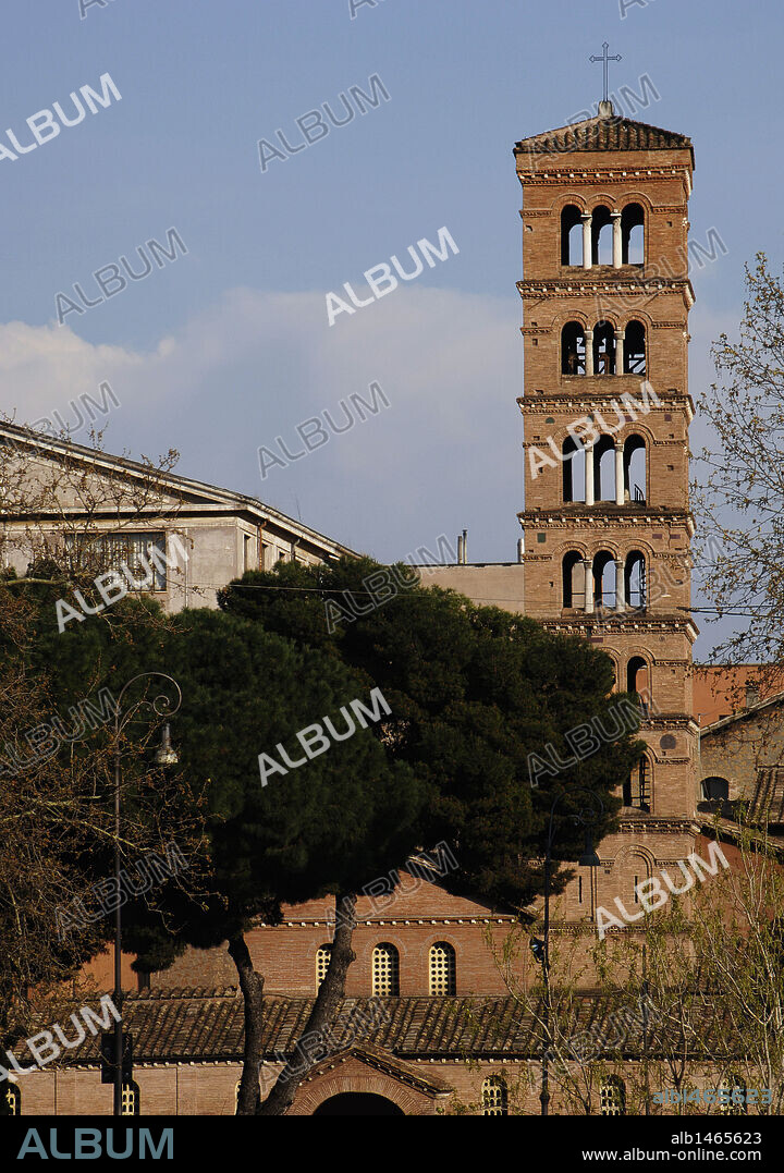 Italy. Rome. Bell tower, 12th century, of the Basilica of Saint Mary in Cosmedin.