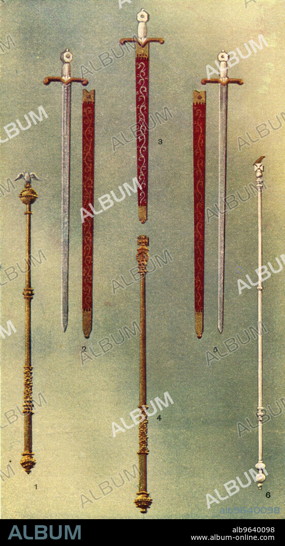 'The Regalia. - 3', c1911. '1. Spiritual Sceptre (William IV); 2. Temporal Sword of Justice; 3. Sword of Mercy (Sheathed); 4. Temporal Sceptre (William IV); 5. Sword of Spiritual Justice; 6. Ivory Sceptre (Anne Boleyn)'. 'The royal swords are thus named: Curtana, or the Sword of Mercy, sheathed; the Sword of Justice to the Spirituality, which is obtuse; the Sword of Justice to the Temporality, which is sharp at the point; and the Sword of State. Of these, the last alone is used in the Coronation, being that with which the Sovereign is girded after the anointing. The others are borne in the procession by certain great officers-of-State'. From "The Portrait Book of Our Kings and Queens 1066-1911", edited by T. Leman Hare. [T. C. & E. C. Jack, London & Edinburgh].
