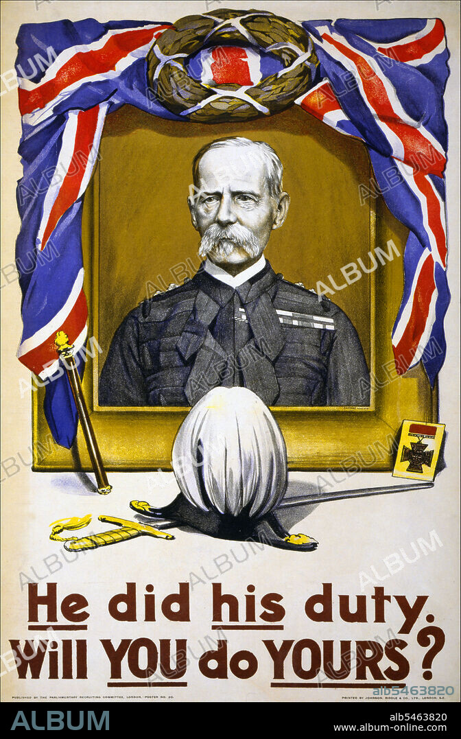 Kitchener won fame in 1898 for winning the Battle of Omdurman and securing control of the Sudan, after which he was given the title 'Lord Kitchener of Khartoum; as Chief of Staff (1900-02) in the second Boer war he played a key role in Lord Roberts' conquest of the Boer Republics, then succeeded Roberts as commander-in-chief - by which time Boer forces had taken to guerrilla fighting and British forces imprisoned Boer civilians in concentration camps. His term as Commander-in-Chief (1902-09) of the Army in India saw him quarrel with Viceroy Lord Curzon, who eventually resigned. Kitchener then returned to Egypt as British Agent and Consul-General (de facto Viceroy). In 1914, at the start of the First World War, Lord Kitchener became Secretary of State for War, a Cabinet Minister. One of the few men to foresee a long war, one in which Britain's victory was far from secure, he organised the largest volunteer army that Britain, and indeed the Empire, has seen and a significant expansion of materiels production to fight Germany on the Western Front. His commanding image, appearing on recruiting posters demanding 'Your Country Need You!', remains recognised and parodied in popular culture to this day. He died in 1916.