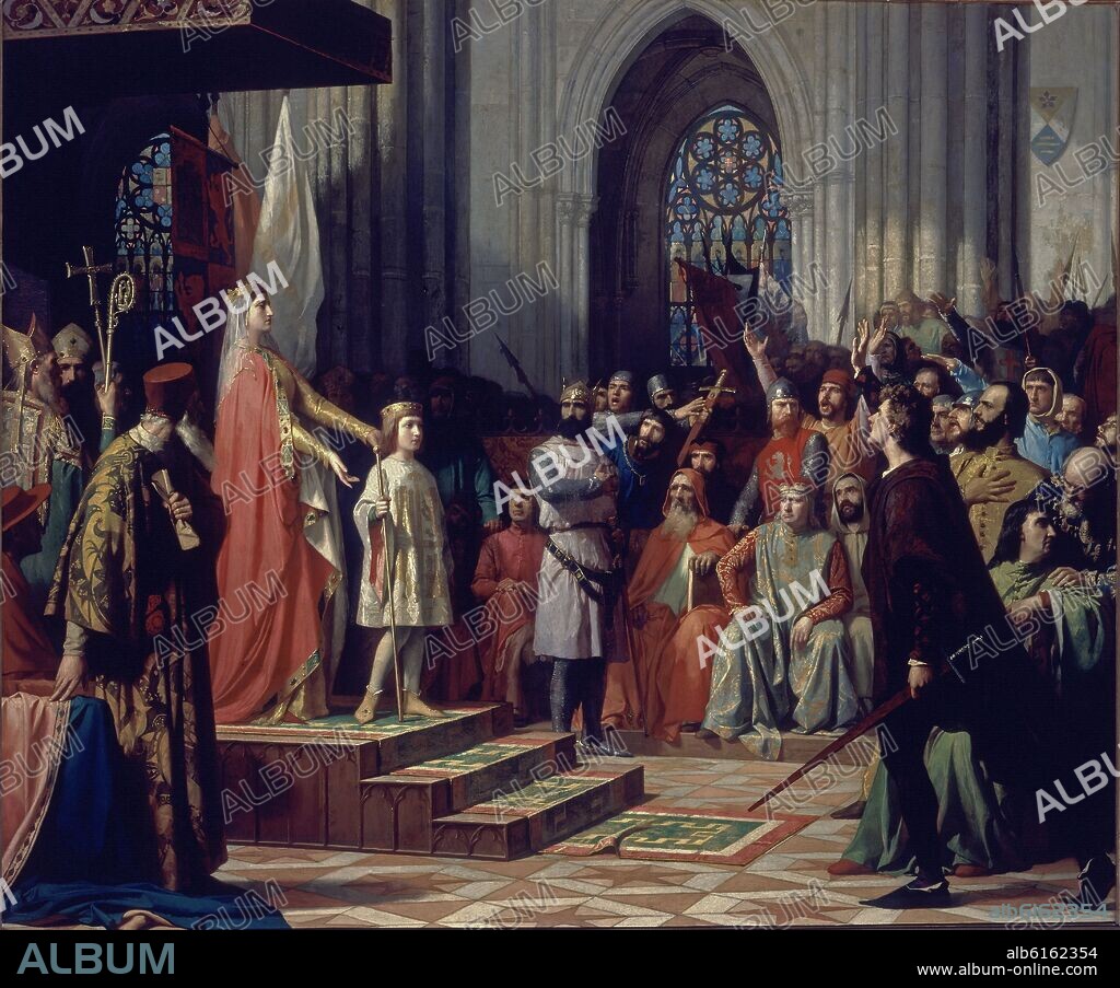 ANTONIO GISBERT (1834-1902). MARIA DE MOLINA PRESENTANDO A SU HIJO FERNANDO IV A LAS CORTES DE CASTILLA EN VALLADOLID EN EL AÑO 1295 - 1863 - OLEO/TELA - 311 × 377 cm.