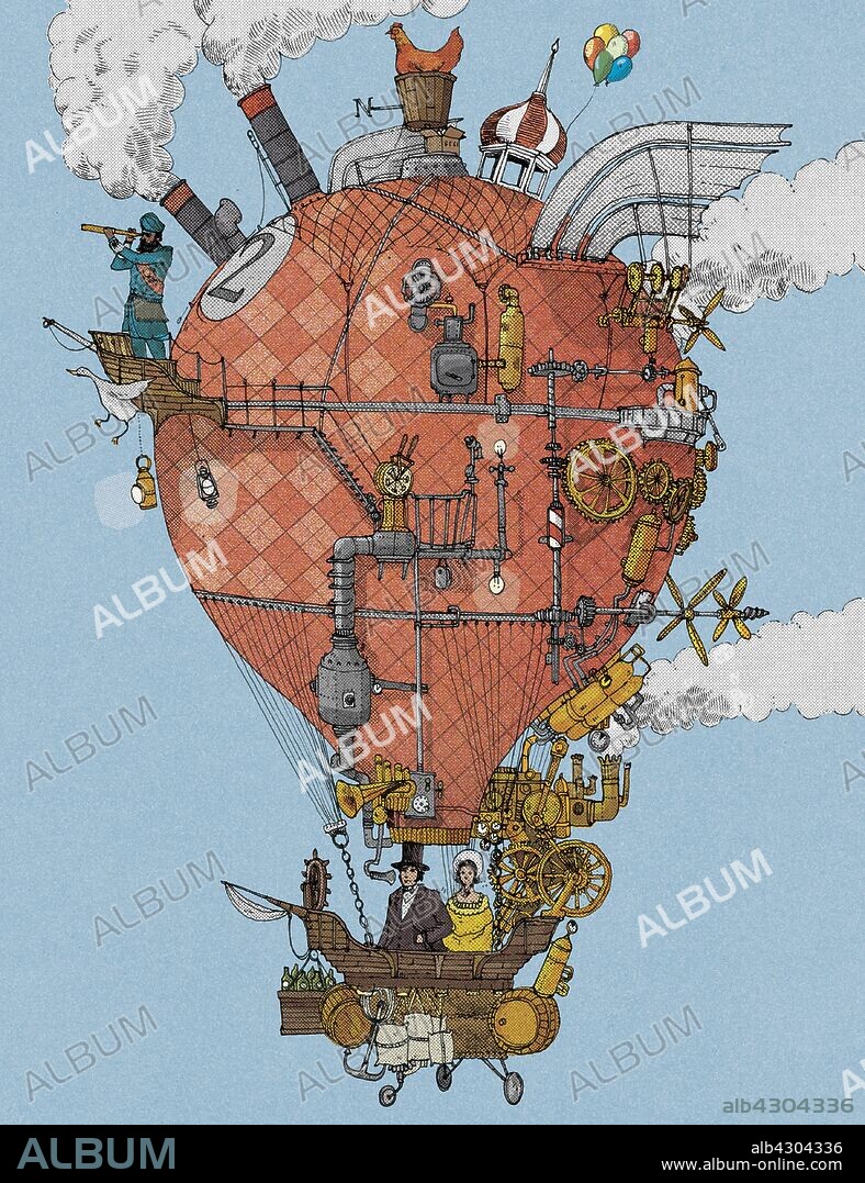 Old-fashioned explorers in homemade hot air balloon.