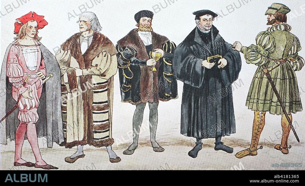 Clothing, fashion in Germany during the Reformation around 1500-1530, from the left, young man around 1500 in a short jerkin, then a noble old man, the official garb of the new Protestant clergy and a patrician in rider costume, digital improved reproduction from an original from the year 1900.