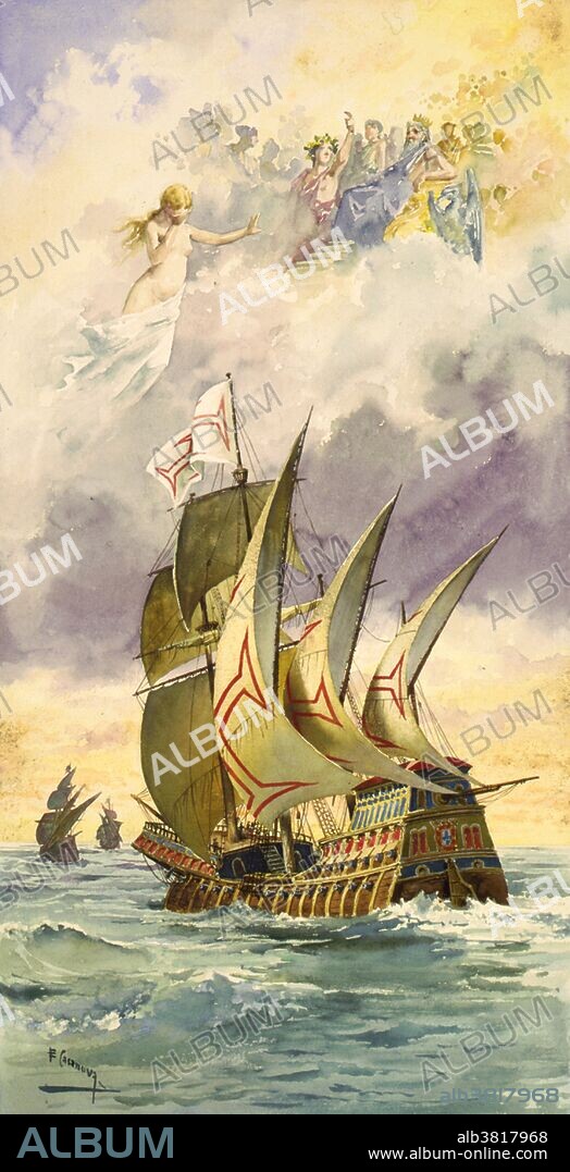 Entitled: "Vasco da Gama' arriving in Calicut." Vasco da Gama (1460s - Decmeber 24, 1524) was a Portuguese explorer and one of the most successful in the Age of Discovery. On da Gama's first voyage, in 1497, he led a fleet of four ships with a crew of 170 men from Lisbon. The distance traveled in the journey around Africa to India and back was greater than around the equator. The fleet arrived in Kappadu near Calicut, India in May 1498. He was celebrated for opening a direct sea route to Asia. Vasco da Gama was responsible for Portugal's success as an early colonizing power. Following his initial voyage, the Portuguese crown realized that securing outposts on the eastern coast of Africa would prove vital to maintaining national trade routes to the Far East. Setting out in April 1524, with a fleet of fourteen ships, he took as his flagship the famous large carrack Santa Catarina do Monte Sinai on her last journey to India. After a troubled journey he arrived in India in September, but contracted malaria and died on Christmas Eve, 1524. Da Gama remains a leading figure in the history of exploration. Numerous homages have been made worldwide to celebrate his explorations and accomplishments. His first trip to India is widely considered a milestone in world history, as it marked the beginning of a sea-based phase of global multiculturalism.