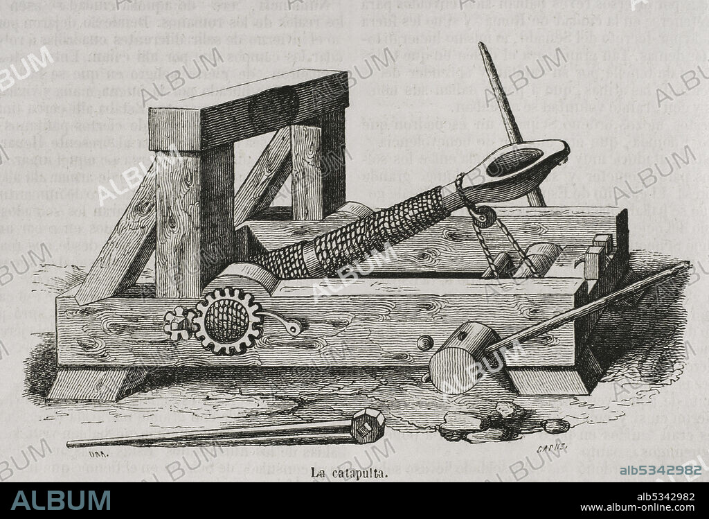 TOMAS CARLOS CAPUZ (1834-1899). SPANISH ENGRAVER AND XYLOGRAPH.. Historia Antigua. La catapulta. Máquina de asedio empleada para el lanzamiento a distancia de objetos a modo de proyectiles. Grabado por Capuz. Historia General de España por el Padre Mariana. Madrid, 1852.