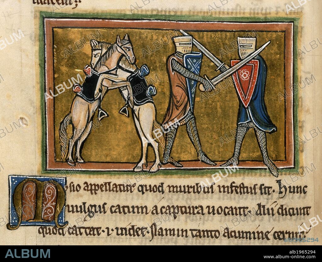 Two horses and two knights fighting . Bestiary, or moralized Natural History. Early 13th century. Image taken from Bestiary, or moralized Natural History. Source: Royal 12 F. XIII, f.42v.