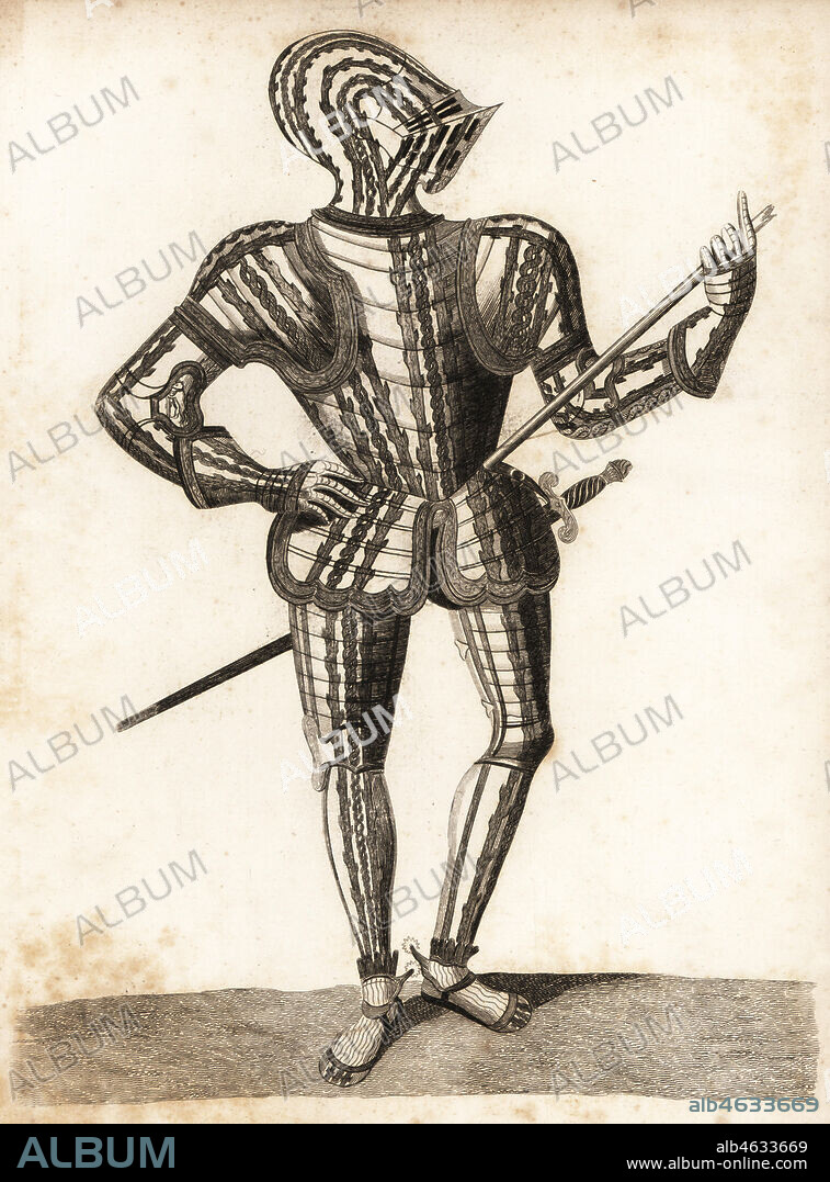 Suit of armour for a tilt belonging to Sir Robert Dudley, 1st Earl of Leicester, Knight of the Garter and favourite of Queen Elizabeth I of England. Copperplate engraving from Thomas Pennants Account of London, Robert Faulder, London, 1790.