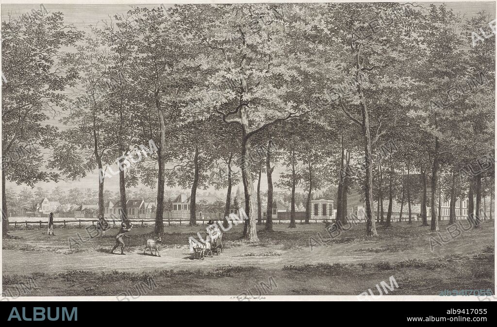 View of the Baan in Haarlem, Joannes Pieter Visser Bender, 1809, View from the Dreef across the Baan or Koekamp of the country houses on the edge of the square, which is sometimes referred to as the Krommelaan complex. In the background right Paviljoen Welgelegen on the corner of Dreef and Paviljoenslaan. In the foreground two boys with a goat and a buckboard., print maker: Joannes Pieter Visser Bender, (mentioned on object), Joannes Pieter Visser Bender, (mentioned on object), Haarlem, 1809, paper, etching, h 279 mm × w 435 mm.