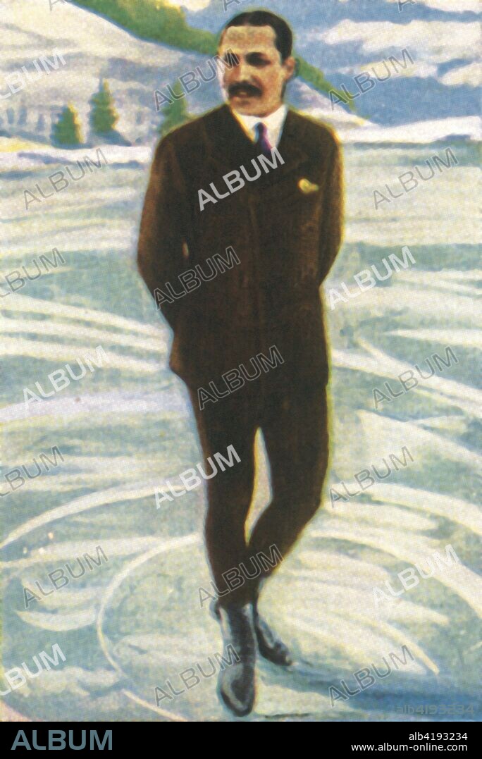 Austrian figure skater Willi Böckl, 1928. Willy Böckl (1893-1975) won the World Figure Skating Championships four times, and won silver medal at the 1928 Winter Olympics, held at St Moritz in Switzerland. From "Die Welt in Bildern", (The World in Pictures), cigarette card album, c1928. [Georg A Jasmatzi, A.-G., Dresden, Germany].