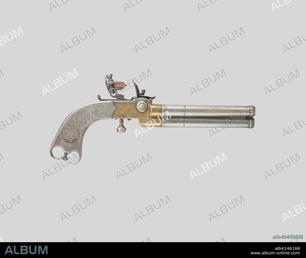 Triple-Barrel Breechloading Flintlock Pistol. English, Birmingham. Date: 1810-1830. Dimensions: L. 25.4 cm (10 in.)
Barrel L. 11.5 cm (4 1/2 in.)
Caliber .36
Wt. 1 lb. 7 oz. Steel and brass. Origin: England.
