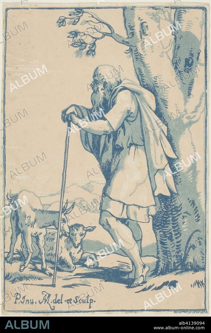THE ELDER CONTE ANTONIO MARIA ZANETTI. The Old Shepherd. Conte Anton Maria Zanetti; Italian, 1680-1767. Date: 1721-1722. Dimensions: 170 x 113 mm (image); 173 x 116 mm (sheet). Chiaroscuro woodcut, from three blocks in pink, dark blue, and light blue, on cream laid paper. Origin: Italy.
