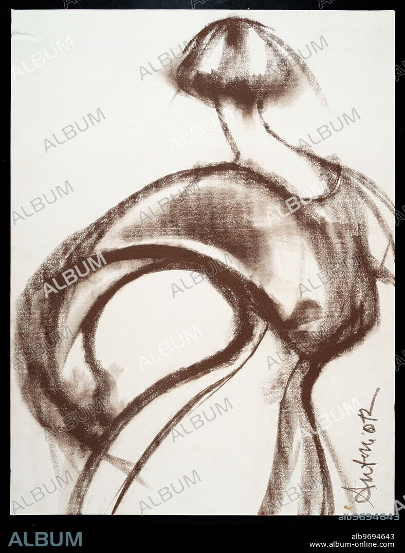 Costume design drawing of dress with fitted waistline and dolman-like sleeves. Fashion design by Charles James. Illustration by Antonio Lopez.