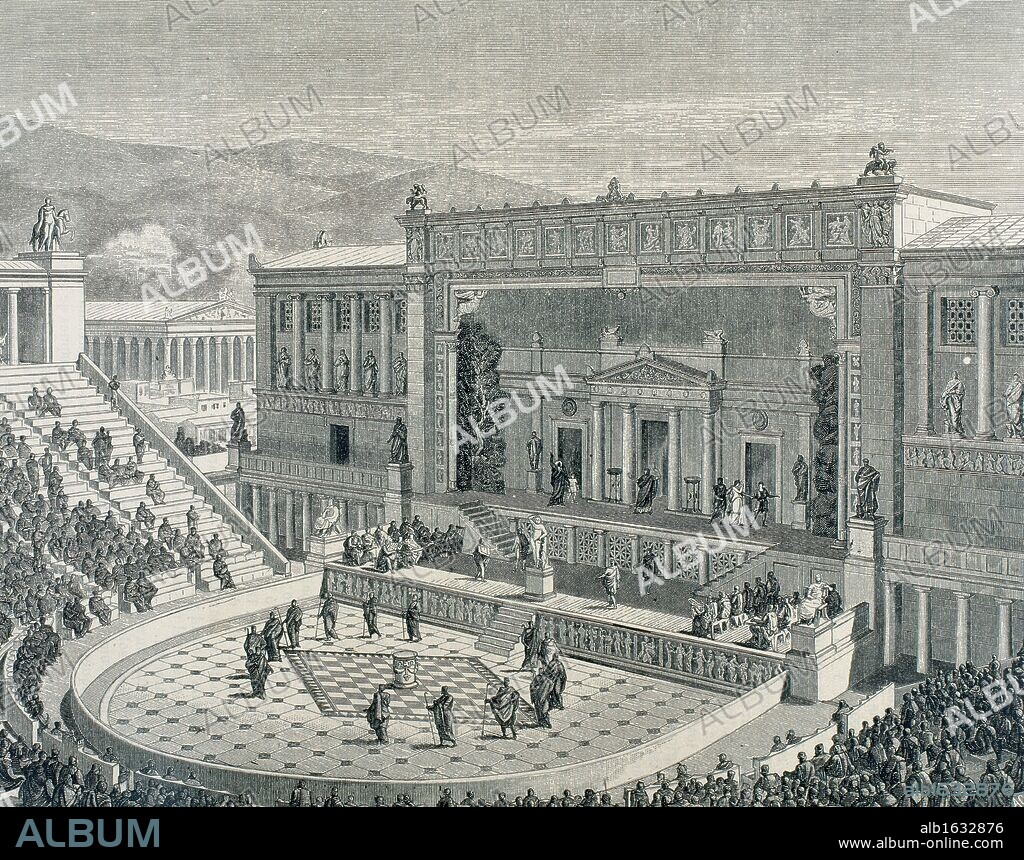 Theatre performance at the Theater of Dionysus. Athens, Greece. Engraving, 19th century.