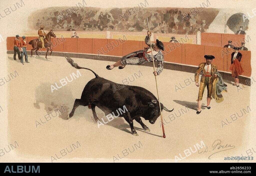 DANIEL PEREA Y ROJAS. Tauromaquia. Salto de la garrocha. Grabado de 1920.
