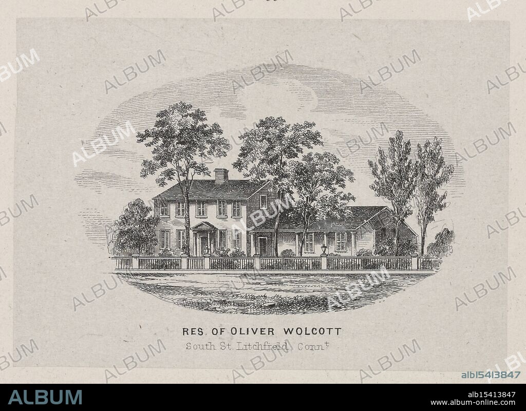 Letter to, --, Date Created: 1776-03-27, Place: Philadelphia, Pa., Lithograph fac-simile of an A. L. S. in possession of F. J. Dreer, Esq. Philada. With a wood engraving on India paper of the Res. of Oliver Wolcott South St. Litchfield, Connt. 2 pp. Fo, Ink flows from the hand, Foryears past, words echo, Freedom's message stays.