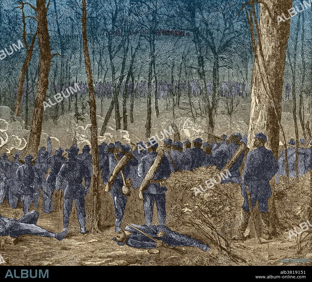 Color enhanced illustration of the Battle of the Wilderness, fought May 5-7, 1864, the first battle of General Ulysses S. Grant's 1864 Virginia Overland Campaign against General Robert E. Lee and the Confederate Army of Virginia. Both armies suffered heavy casualties, a harbinger of a bloody war of attrition by Grant against Lee's army and, eventually, the Confederate capital, Richmond, Virginia. The battle was tactically inconclusive, as Grant disengaged and continued his offensive.