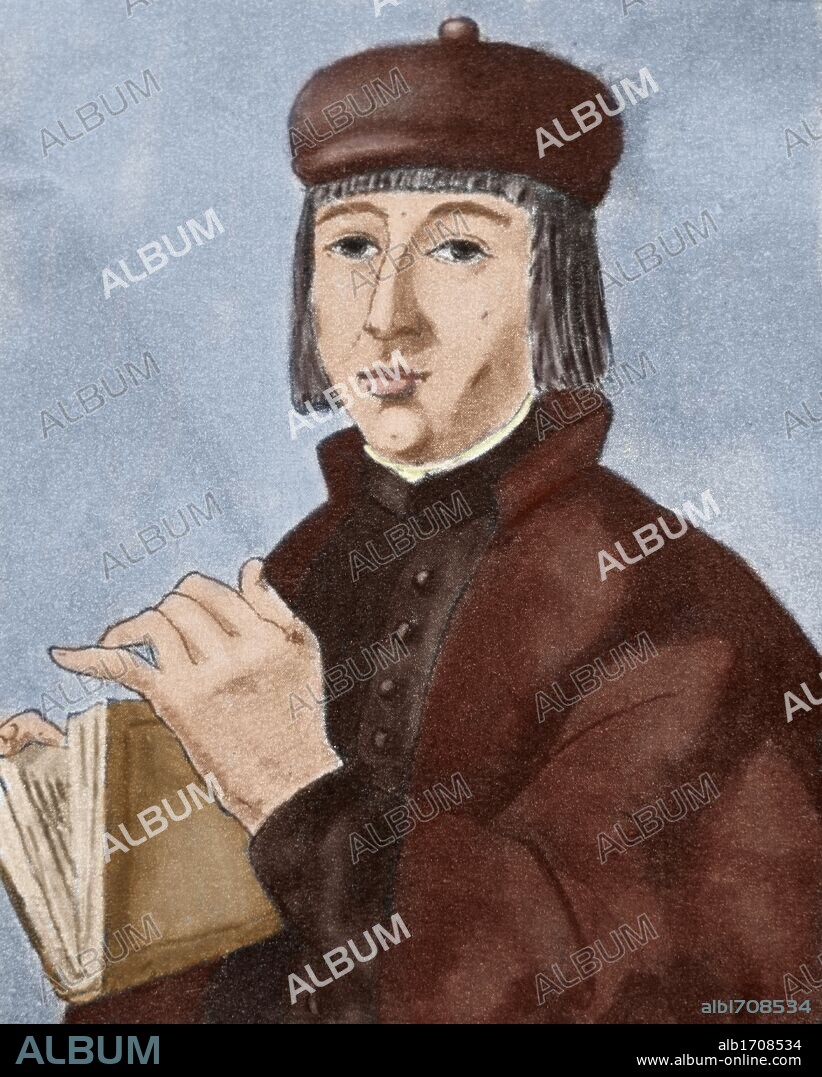 ARCIPRESTE DE HITA (1ª mitad del s. XIV). Poeta español, autor del "LIBRO DEL BUEN AMOR", su única obra hoy conservada. Se dice llamarse JUAN RUIZ, y haber concluido su obra en 1330 (según un códice) ó 1343 (según otro). Grabado coloreado.