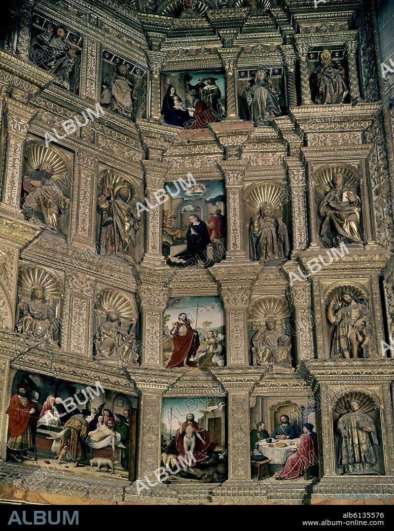 PEDRO DE GUADALUPE (1470-1530) ESCULTOR. RETABLO MAYOR DE LA CATEDRAL DE PALENCIA CON ESCULTURAS DE FELIPE VIGARNY Y PINTURAS DE JUAN DE FLANDES - SIGLO XVI - RENACIMIENTO ESPAÑOL.