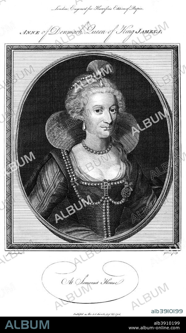 Anne of Denmark (1574-1619), queen consort of King James I, 1786. Anne married James in 1589 and bore him three children who survived infancy, including the future King Charles I. Engraved for Harrison's edition of Rapin.