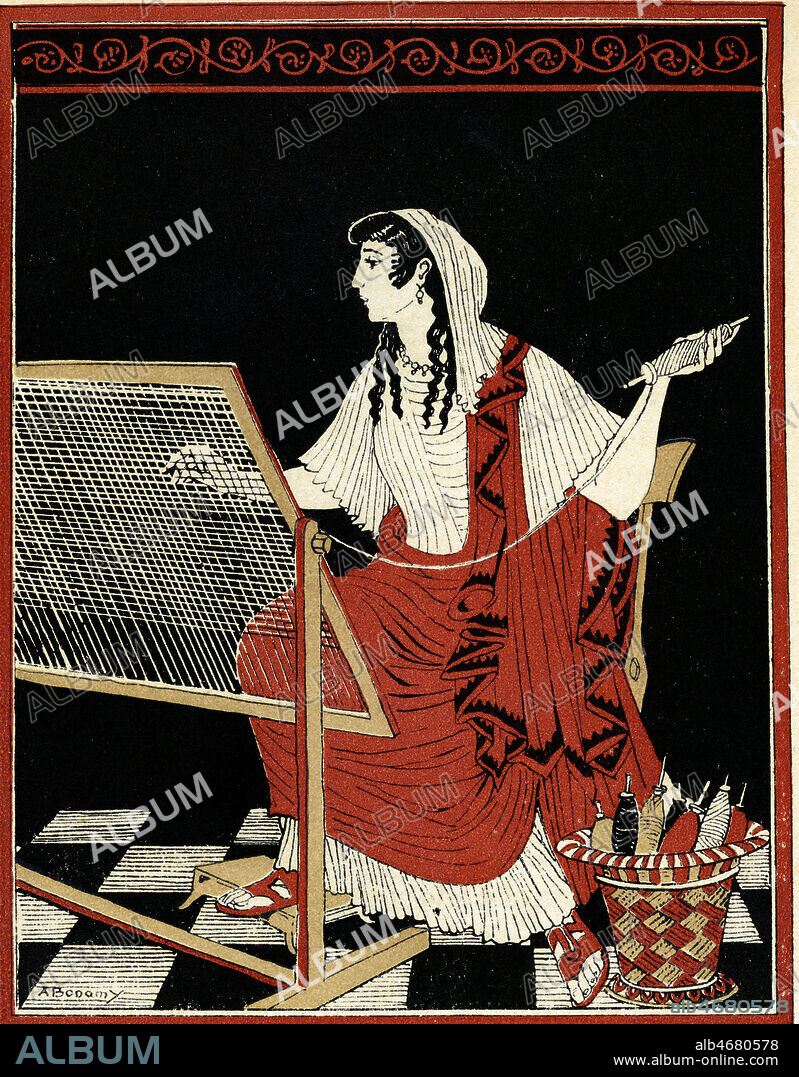PENELOPE defaisant toutes les nuits la tapisserie qu'elle avait tisse pendant le jour. Illustration de 1914 par Andre BONAMY (1880-1943) pour Le retour D'Ulysse de Jean-Baptiste COISSAC (19-20 s.). Credit: Coll. Jonas/Kharbine-Tapabor.