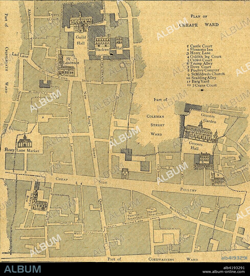 'Old Map of the Ward of Cheap - About 1750', (1897). Map of part of the City of London, showing: Castle Court, Blossoms Inn, Hony Lane, Golden leg Court, Crown Court, Trump Alley, Dove Court, Poultry Compter, St Mildred's Church, Scalding Alley, Barg Yard and Crane Court, as well the Guildhall, Grocers Hall, and the church of St Mary-le-Bow. From Old and New London, Volume I, by Walter Thornbury. [Cassell and Company, Limited, London, Paris & Melbourne, 1897].