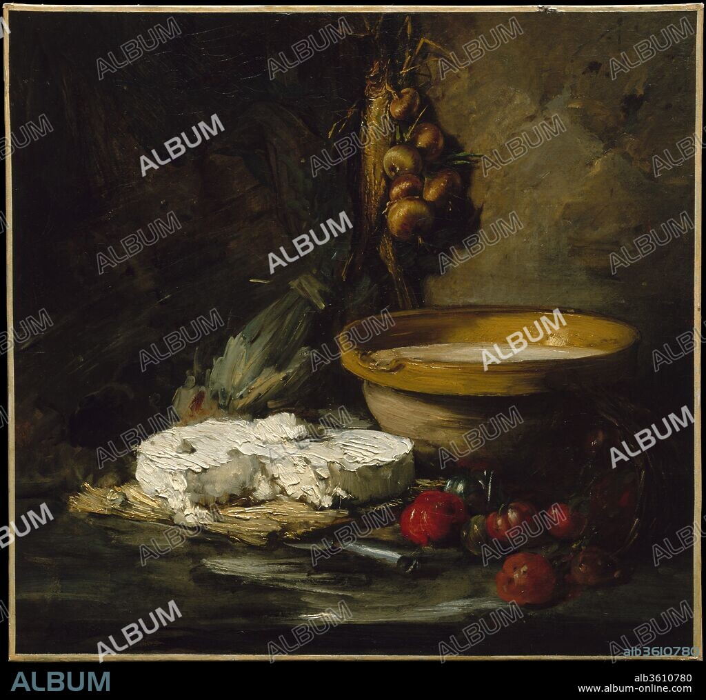 Still Life with Cheese. Artist: Antoine Vollon (French, Lyons 1833-1900 Paris). Dimensions: 33 3/8 x 35 3/8 in. (84.8 x 89.9 cm). Date: probably late 1870s.
In his own day, Vollon was hailed as a second Chardin. This work, probably painted in the late 1870s, exhibits his technical virtuosity in describing the surface, light, and texture of everyday objects. His still lifes, in their choice of theme, palette, and broad handling, reflect the influence of his mentor Ribot, whose work was likewise indebted to seventeenth-century Spanish painting.