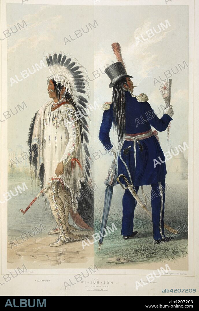 Wi-Jun-Jon, an Assinneboin Chief,  from Catlin's North American Indian Portfolio. Hunting Scenes and Amusements of the Rocky Mountains and Prairies of America, pub. 1845 (colour lithograph). Wi-jún-jon (1796?1872) shown here before and after his trip to Washington DC in 1832;.
