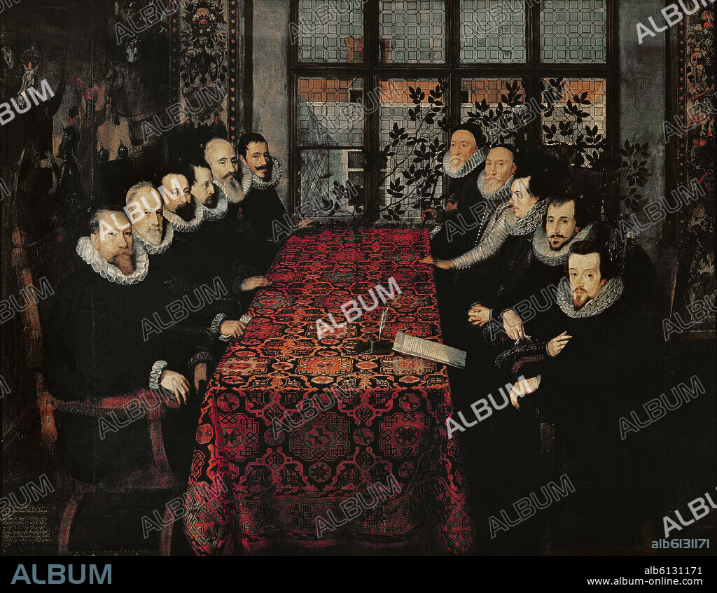 JUAN PANTOJA DE LA CRUZ. CONFERENCIA DE SOMERSET HOUSE PARA LA PAZ DE INGLATERRA Y ESPAÑA 1604 - DERECHA  DELEGACION INGLESA, IZQUIERDA DELEGACION ESPAÑOLA.
