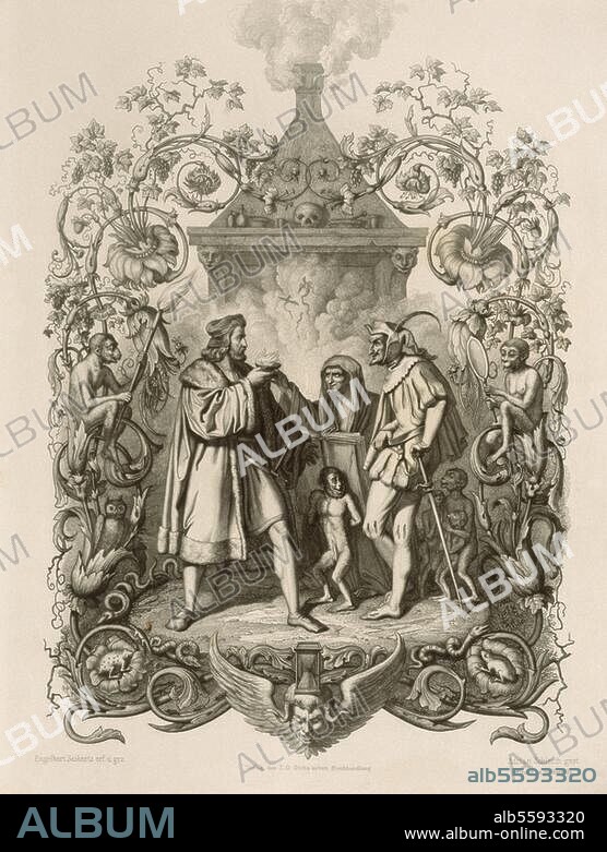 Goethe, Johann Wolfgang von; 1749-1832. Works: Faust (1808). Witches' kitchen / Faust drinks the magic potion. Steelplate engraving after drawing by Engelbert Seibertz (1813-1905). From: J.W.Goethe, Faust, a Tragedy, with drawings by Engelbert Seibertz, Stuttgart (Cotta) 1854. Berlin, Sammlung Archiv für Kunst und Geschichte.