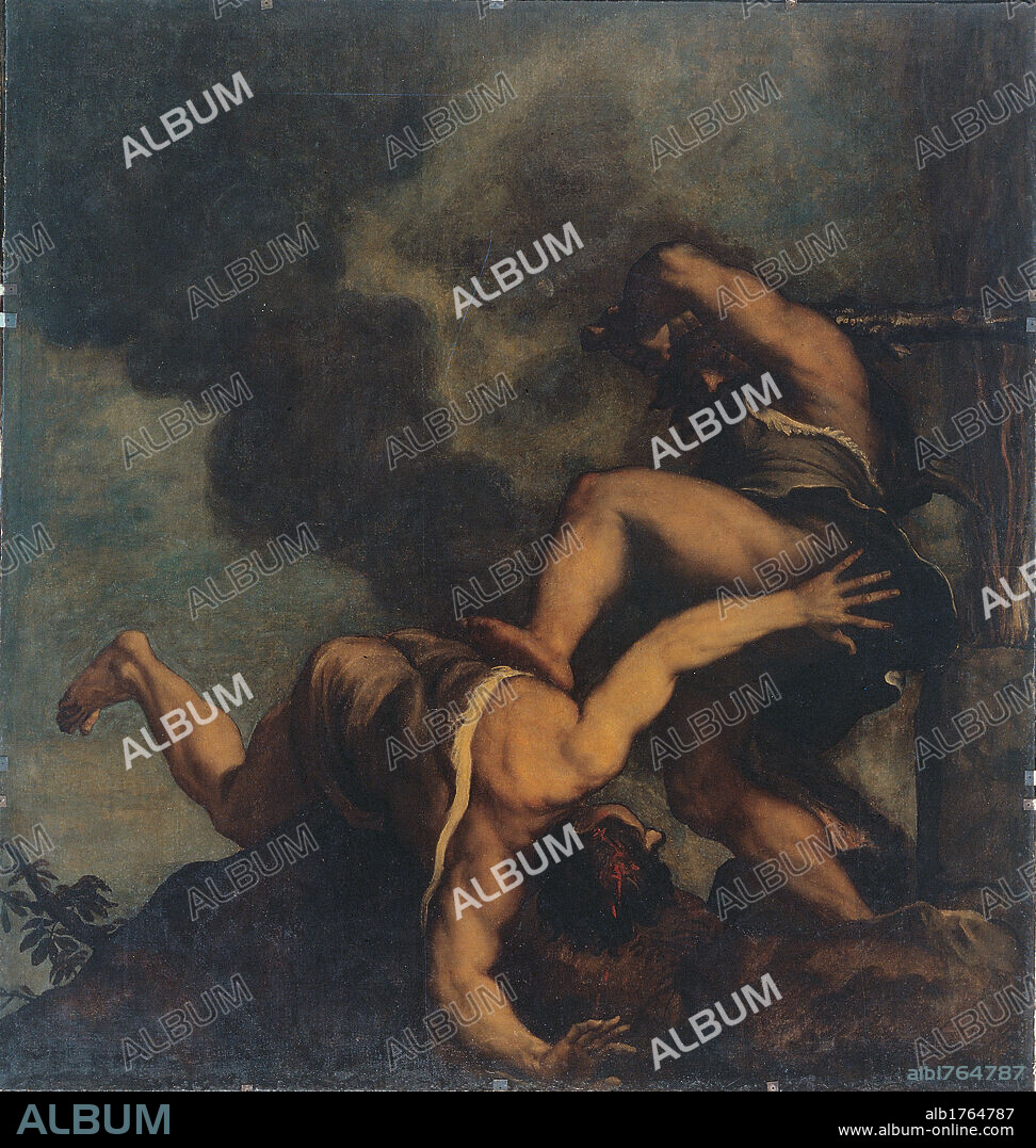 Cain kills (His Brother) Abel, by Tiziano Vecellio known as Titian, 1542-1544 about, 16th Century, oil on canvas, cm 282 x 268. Italy, Veneto, Venice, Santa Maria della Salute Church, Sacristy (formerly in the church of Santo Spirito in Isola). All Cain kills his brother Abel skin hide sky clouds club black gray white brown shades tones hues.