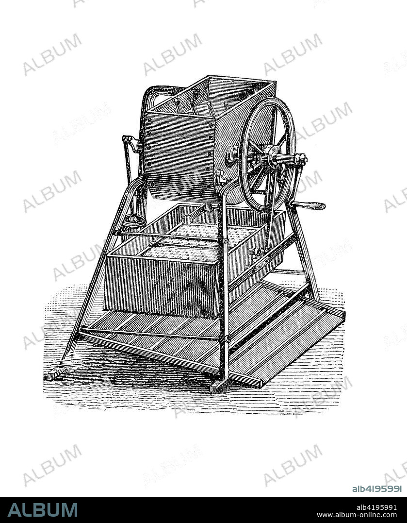 Gold mining 1890: Sortiermaschine fuer Goldsand, sorting machine for gold sand, digital improved reproduction of an original print from the 19th century.