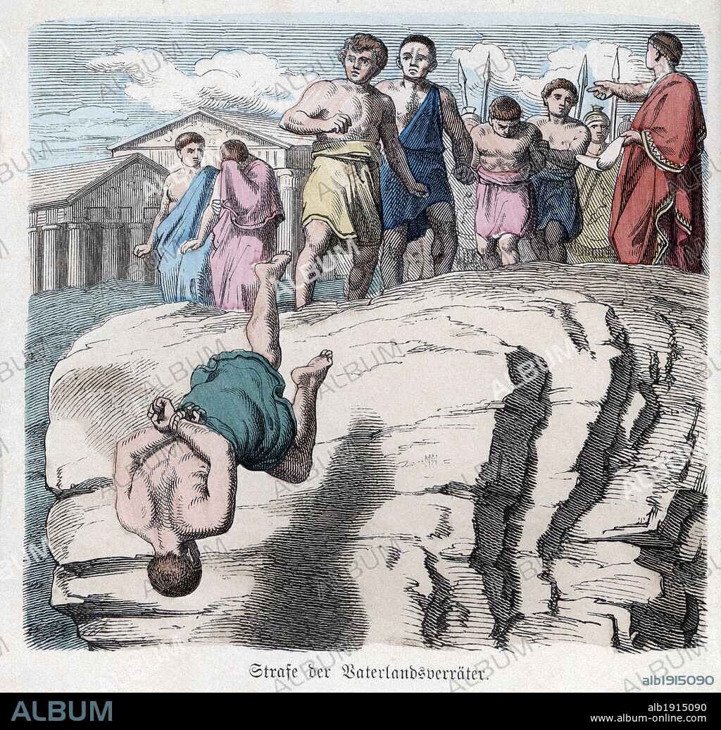 Historia Antigua. Roma. Ejecución en la roca Tarpeya. Grabado alemán de 1865.
