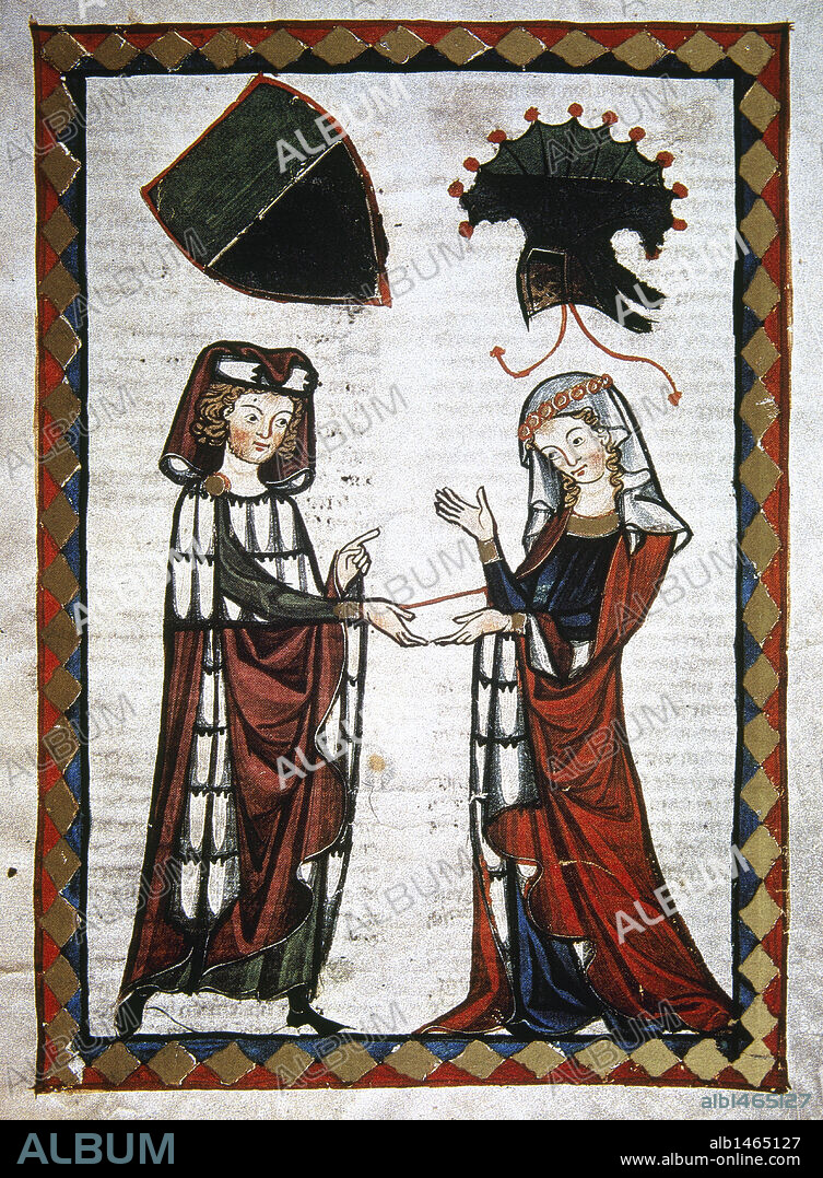 Burkhard von Hohenfels, poet of Henry VII, gives a  love message to his beloved. 13th century. Codex Manesse (ca.1300) by Rudiger Manesse and his son Johannes. Miniature. Folio 110r. University of  Heidelberg. Library. Germany.