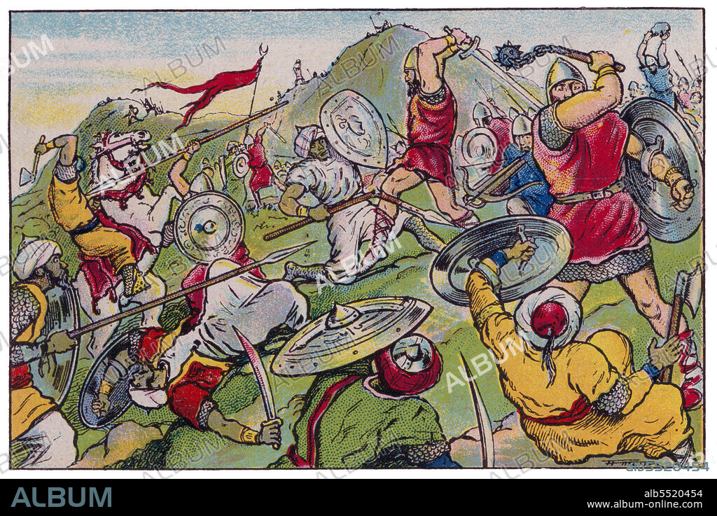 ALBERT MESTRE MORAGAS. Historia de Catalunya. Dominación árabe. El príncipe Quintiliano derrota a los musulmanes en Montgrony el año 778. Cromo de Xacolata Juncosa. Año 1932.