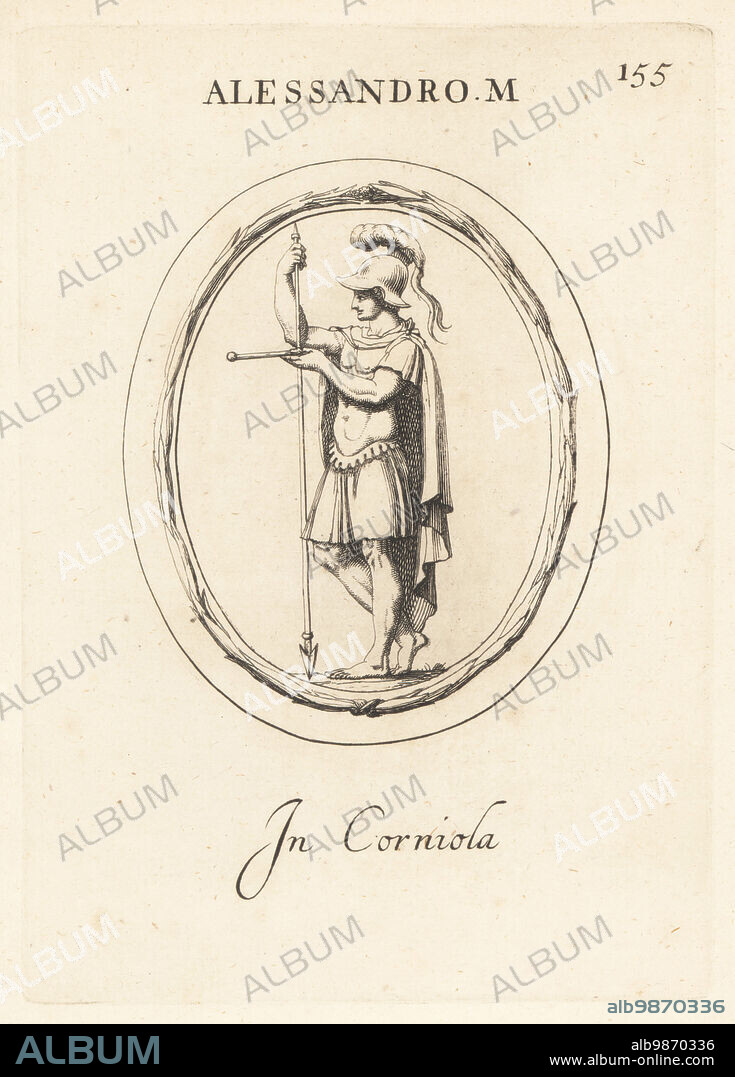 Alexander the Great, Alexander III of Macedon, 356-323 BC, standing with sceptre and spear, wearing crested helmet, mantle, breastplate and tunic. In carnelian. Alessandro Magno. In corniola. Copperplate engraving by Giovanni Battista Galestruzzi after Leonardo Agostini from Gemmae et Sculpturae Antiquae Depicti ab Leonardo Augustino Senesi, Abraham Blooteling, Amsterdam, 1685.
