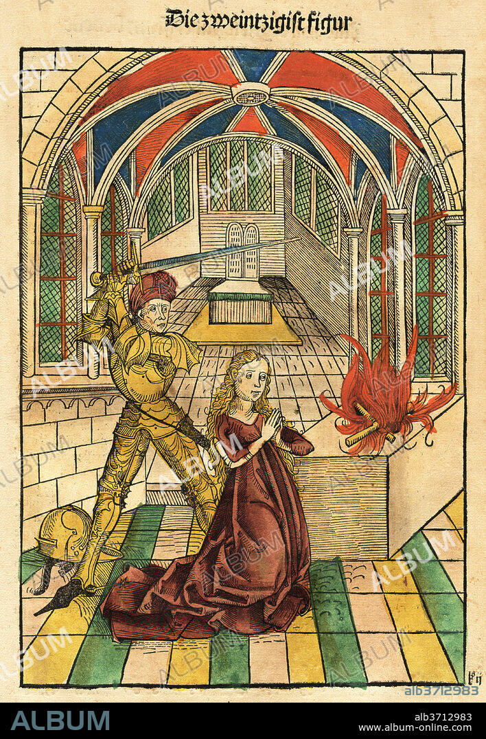 STEPHAN FRIDOLIN, (AUTHOR), MICHAEL WOLGEMUT, AND WILHELM PLEYDENWURFF. Der Schatzbehalter oder Schrein der waren Reichtümer des Heils und ewige Seligkeit. Dated: 1491. Dimensions: book: 35.5 x 24.8 x 8 cm (14 x 9 3/4 x 3 1/8 in.). Medium: bound volume with 96 full page hand-colored woodcuts from 91 blocks.