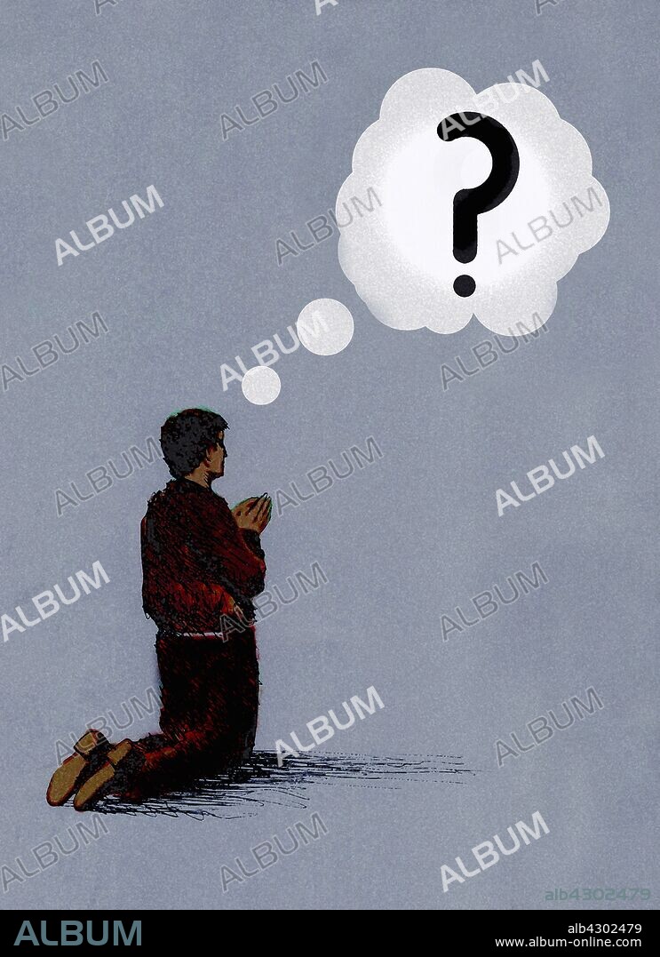 Man kneeling praying with question mark thought bubble.