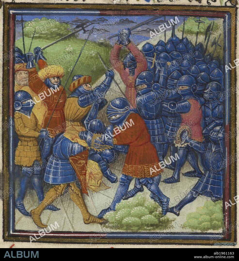 Detail of a miniature of Christians fighting Saracens and a decorated initial 'E'(n) including heraldic arms. A medieval battle scene. Roman de MÃ©lusine. France, N. (Amiens), c.1450. Medieval work Attributed to the quy Master. Source: Harley 4418 f.99. Language: French.