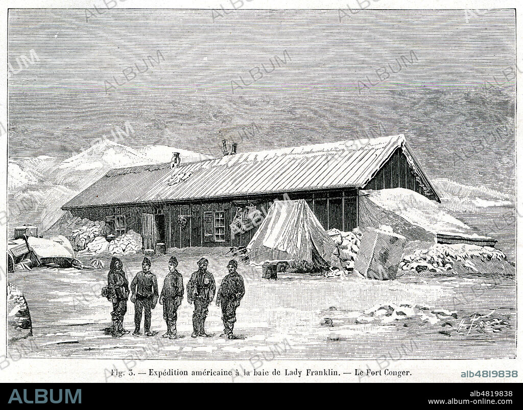 'Expedition americaine a la baie de Lady Franklin. Le Fort Conger'. Expedition polaire américaine menee par Adolphus Greely entre 1881 et 1884. Illustration tiree de la revue La Nature du 8 juin 1889. Credit : Collection KHARBINE-TAPABOR.