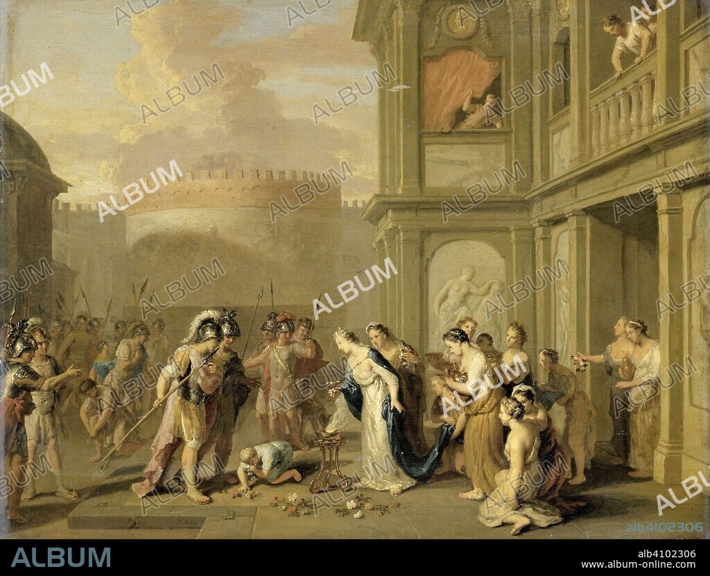 GERARD HOET (I). Queen Cleophis Offering Wine to Alexander the Great after his Conquest of Mazaka. Dating: 1670 - 1733. Measurements: h 32.5 cm × w 41 cm.