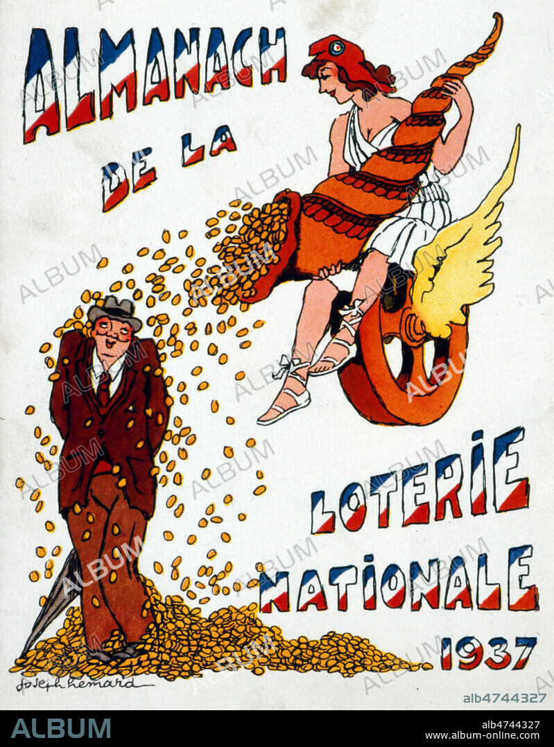 Marianne porte une corne d'abondance qui deverse de l'or sur un homme. Couverture de l'Almanach de la Loterie Nationale publie en 1937. Illustration de Joseph HEMARD (1880-1961)(ADAGP). Credit : Collection KHARBINE-TAPABOR.