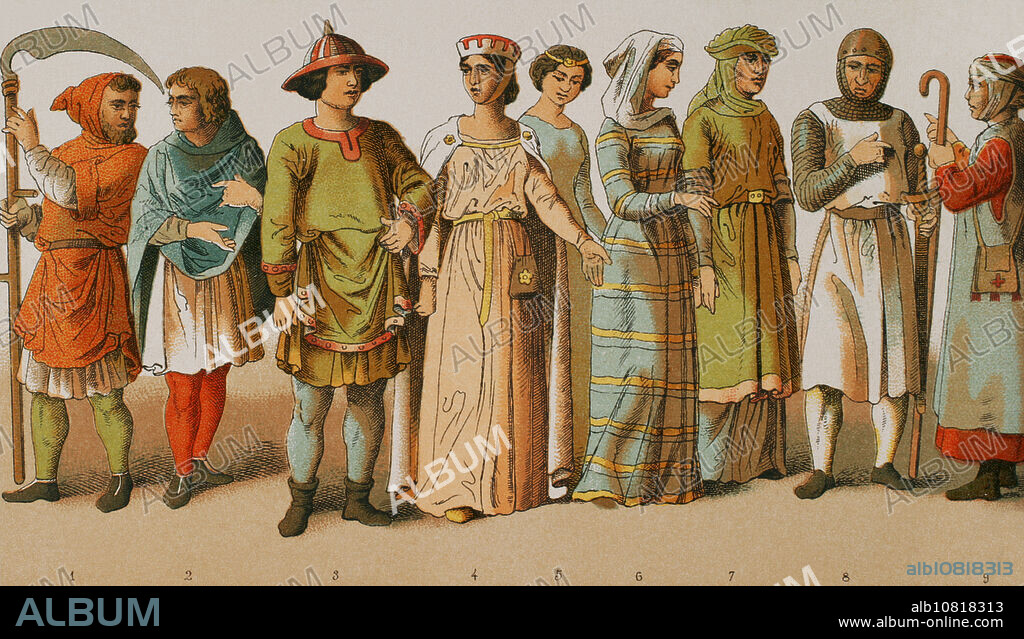 Historia de Francia, 1100. De izquierda a derecha, 1-2: labradores, 3: noble, 4-5-6-7: damas nobles, 8: guerrero, 9: peregrino. Cromolitografía. "Historia Universal", por César Cantú. Tomo V, 1884.