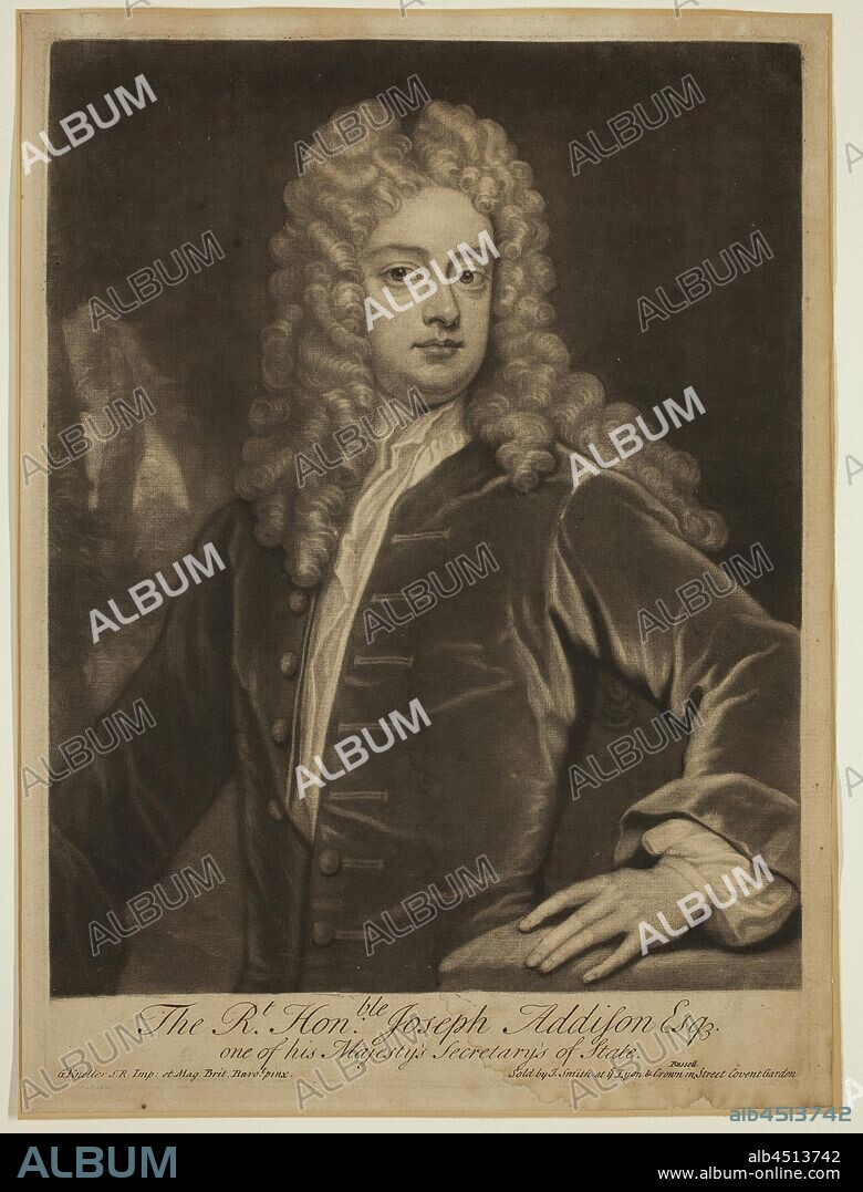 possibly John Simon, English, 1675-1751, The Rt. Hon. Joseph Addison Esq., One of His Majesty's Secretary's of State, between 1700 and 1754, mezzotint on cream paper, Plate: 14 1/8 × 10 3/16 inches (35.9 × 25.9 cm).