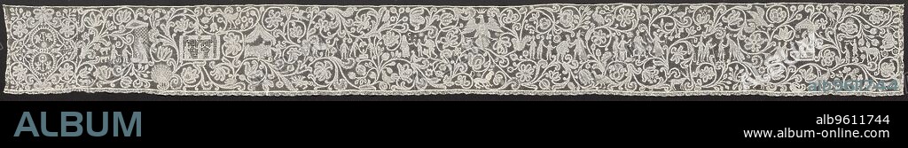 Bobbin Lace Flounce: Punto di Milano, 18th century. Being the most prestigious material, lace was used extensively by the 1600s for altar linen and for trimming priest’s albs, often incorporating finely rendered religious images amid blossoming vines. This alb flounce depicts scenes from the Old Testament story of Joseph, whose jealous brothers sold him to a caravan bound for Egypt. Joseph later interpreted dreams of the pharaoh, who made him ruler. When famine in Canaan caused Joseph’s ten brothers to travel to Egypt in search of food, they bowed down to him. After he revealed his identity, he forgave his brothers and God saved the family.
