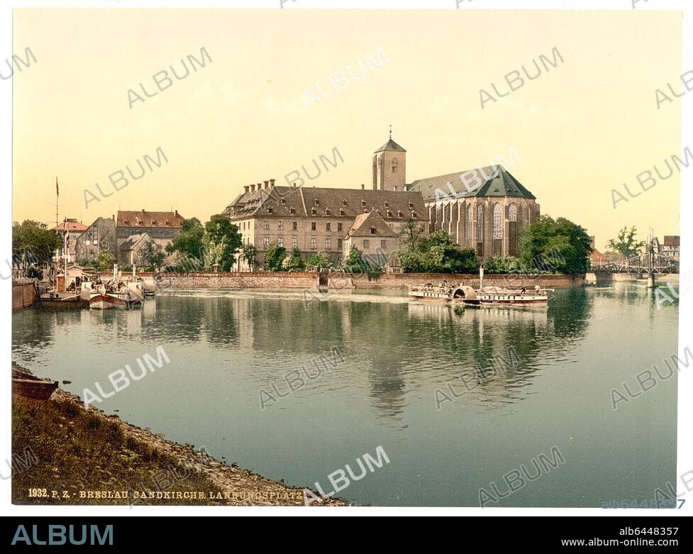 Breslau-Wroclaw (Schlesien, Polen), Sandkirche auf der Sandinsel (Baubeginn 1369; Kloster 1709-30).-"Breslau. Sandkirche. Landungsplatz".-Photochrom, um 1890/1900 (P.Z. 1932).