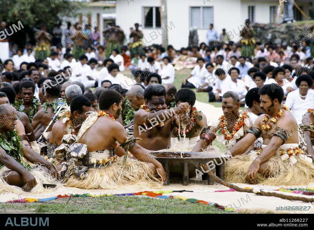 Fijian chiefs at Kava Ceremony tribal gathering cultural event in Fiji, South Pacific.