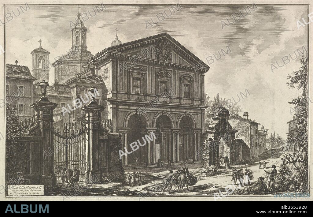 View of the Basilica of San Sebastiano fuori delle mura [St. Sebastian ouside the Walls] on the Appian Way, from Vedute di Roma (Roman Views). Artist: Giovanni Battista Piranesi (Italian, Mogliano Veneto 1720-1778 Rome). Dimensions: Sheet: 19 5/16 x 28 3/4 in. (49 x 73 cm)
Plate: 16 5/8 x 26 3/16 in. (42.2 x 66.5 cm). Series/Portfolio: Vedute di Roma. Date: ca. 1750.